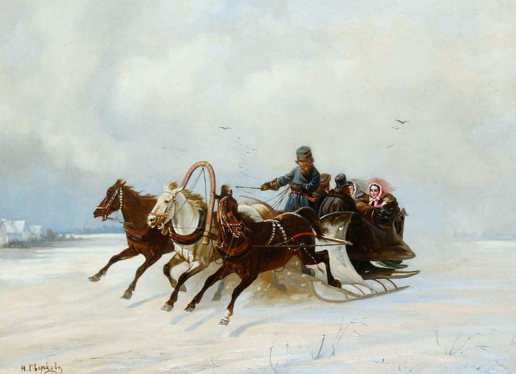 A troika — three horses harnessed abreast, pulling one sleigh