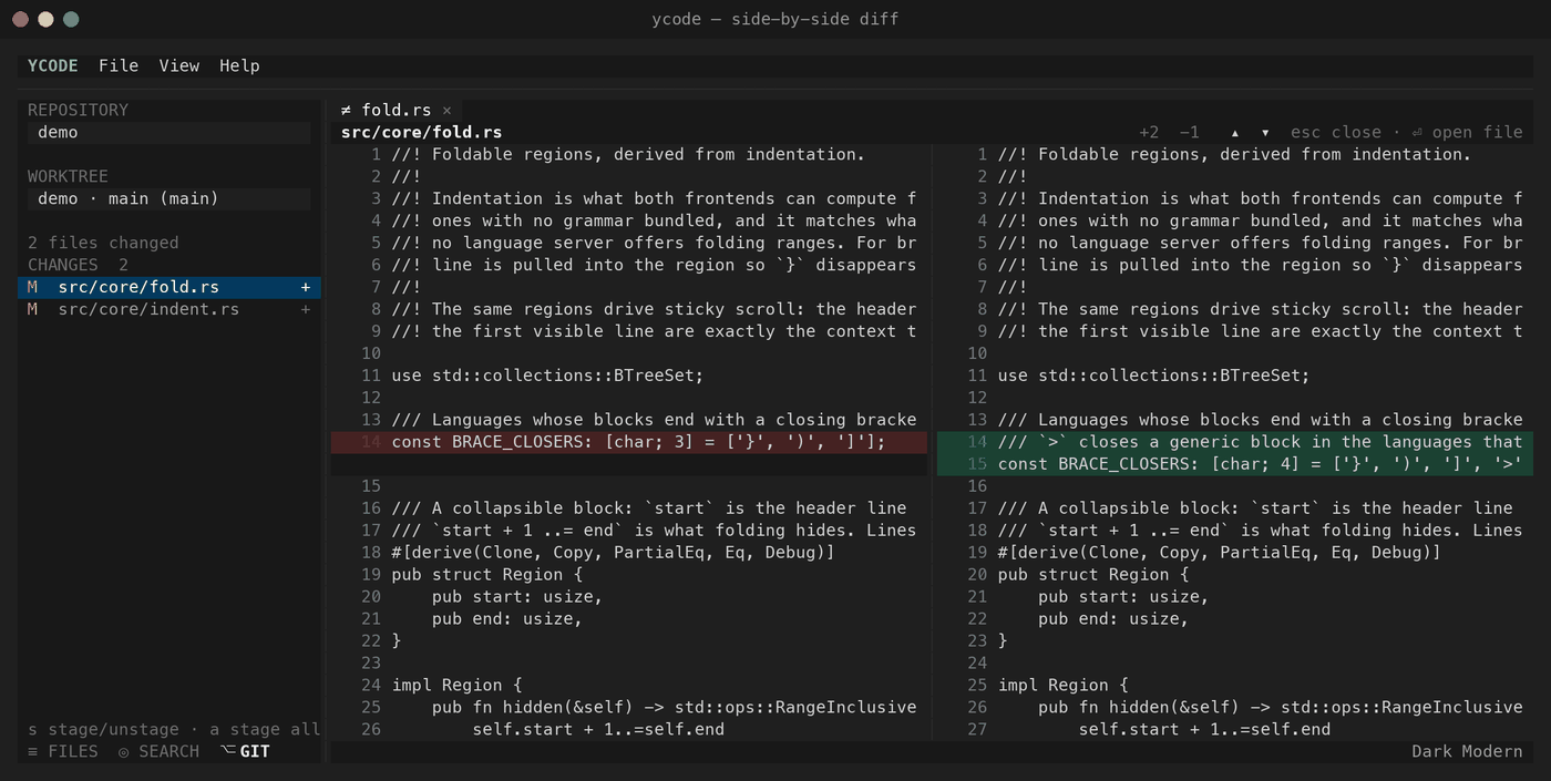 A side-by-side diff in the terminal frontend